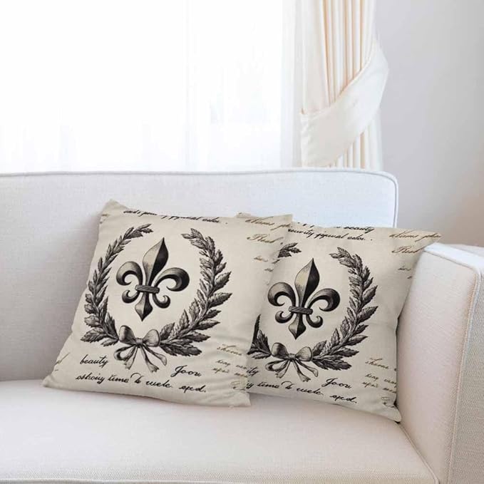 Cushion Covers Retro Letter Paper Fleur De Lis Vintage Style Square Soft,Pillow Cases Decor for Couch Bedroom Sofa Living Pack of 2 Size 18X18 Inch