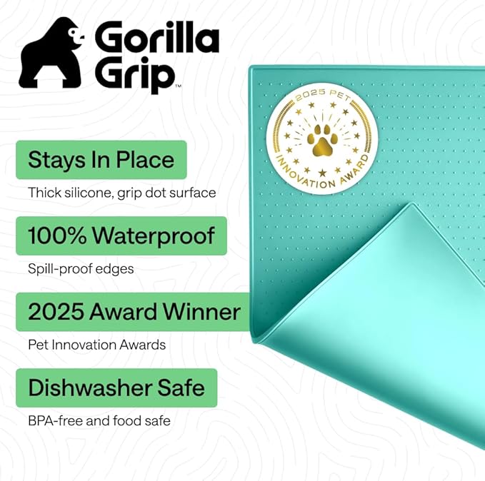 GORILLA GRIP 100% Waterproof Raised Edge BPA Free Silicone Pet Feeding Mat, Dog Cat Food Mats Contain Spills Protects Floors, Placemats for Cats and Dogs Water Bowl, Pets Accessories 32x24 Turquoise