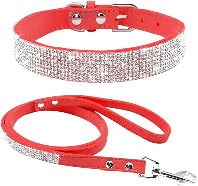 Cute Dazzling Sparkling Elegant Fancy Soft Suede Leather Bling Rhinestone Crystal Jeweled Pet Cat Dog Puppy Collar Dog Leash Combo Set(Red,XXS)