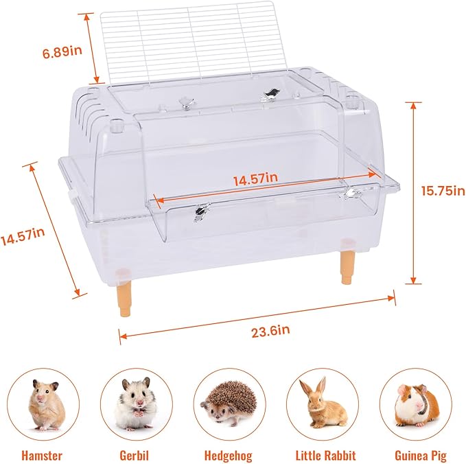 Doppy Acrylic Hamster Cage, 23.6x15x15.7 Clear Transparent Hamster Cage with 360° View & Dual Ventilation Doors, Chewproof Detachable Enclosure for Syrian Dwarf Gerbils Hedgehogs Indoor