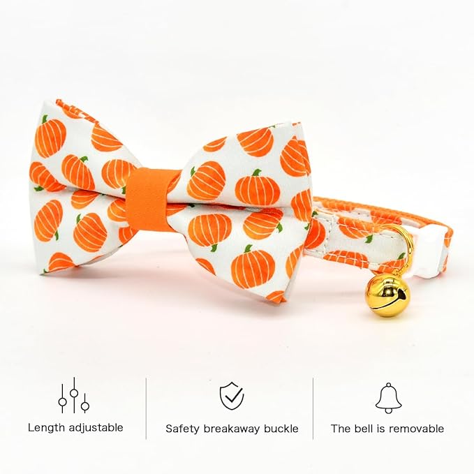 Pumpkin Cat Collar Bow Set, Halloween Accessory, Wedding/Birthday Breakaway Collar Bowtie for Kitten