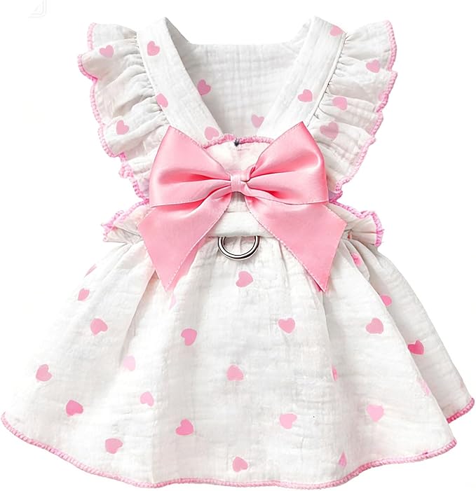 Dog Dresses for Small Dogs Girl Female Dog Cat Clothes Dress Cute Cotton Extra Summer Clothes Bow Decor Printed Love Birthday Outfit Puppy Clothes (Light Pink, Small)