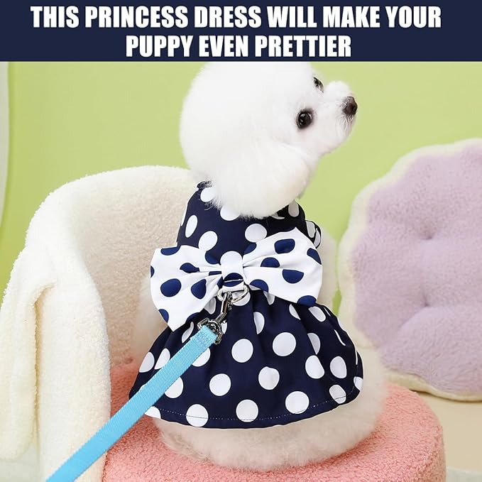 Cute Polka Dots Cat Small Dog Dress with Bow Tie Summer Clothes with D-Ring on The Back for Puppy Cat(Navy with White Dots, X-Small)