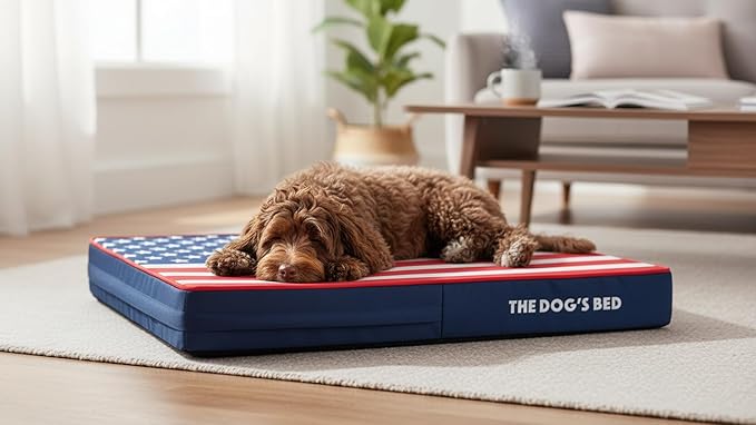 The Dog’s Bed Orthopedic Memory Foam Dog Bed for Medium Dogs, Waterproof Washable Cover, Anti-Slip Base, Calming Surface – CertiPUR-Certified Foam, Blue with Red Trim USA Center Flag, 4 Inch Thick