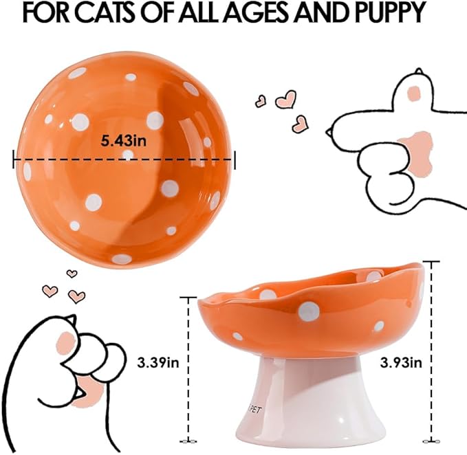 Ceramic Elevated Cat Bowls, Tilted Raised Pet Dish Anti Vomit Kitten Bowl for Indoor Cats, Whisker Friendly Pet Food and Water Bowl for Kitten, Cat, Puppies, Dishwasher Safe (Orange)