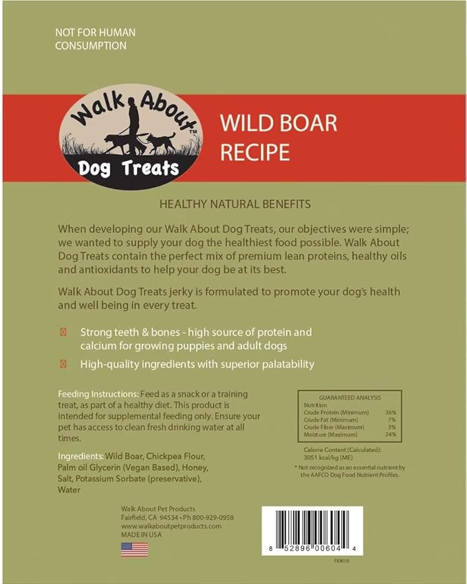 Walk About Pet, WA10004, Premium Jerky Dog Treats, Grain-Free, Gluten-Free, Single Source Protein, Wild Boar Recipe, Resealable Pouch, 5.5 Ounces