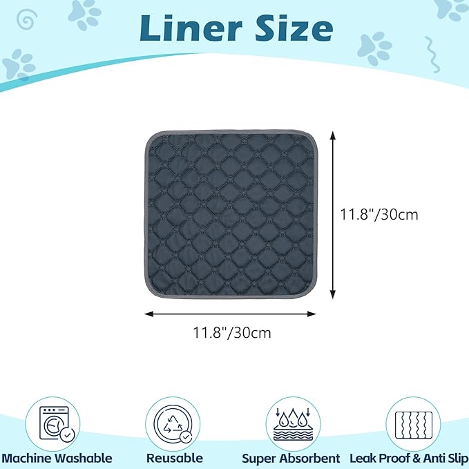Reusable Guinea Pig Cage Liners, 12" x 12" (Pack of 3) Washable Pee Pads , Super Absorbent & Waterproof & Anti-Slip Pet Bedding Liner, Rabbit Cage Mat for Small Animals (Gray)