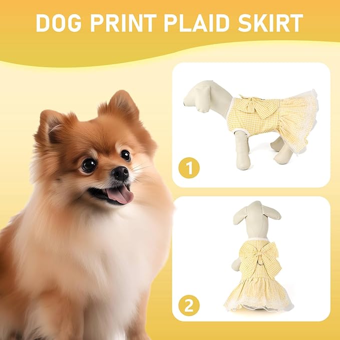 Dog Dress Plaid with Bowknot Cute Dress for Small Dog Cat Puppy Outfits with Harness Leash（ Yellow，Large ）