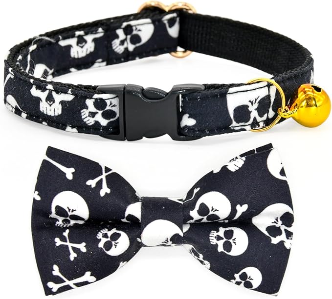 Cat Collar Bow Tie Set, Halloween Black Skulls and Crossbones