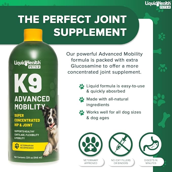 LIQUIDHEALTH Pets K9 Advanced Mobility Liquid Glucosamine Level 5000 for Large Dogs with Chondroitin, MSM, Boswellia Serrata - Dog Hip & Joint Health Vitamins, Pet Joint Oil Juice - USA Made (3 Pack)