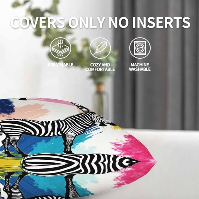 Throw Pillow Covers Black White Zebra Tropical Jungle Colorful Painting,Set of 2 Square Decorative,Cushion Pillows Cover for Couch and Bed for Men/Women 18X18 Inch