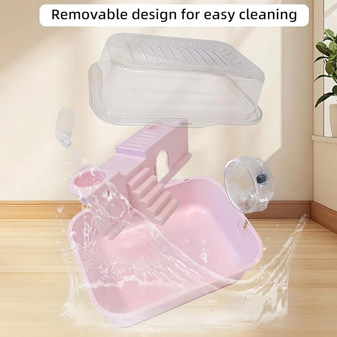 Hamiledyi Dwarf Hamster Cage Clear Plastic Small Hamster Cage Portable Carrier with Water Bottle Exercise Wheel Bathtub Box Set Toy for Dwarf Baby Hamster (Pink)