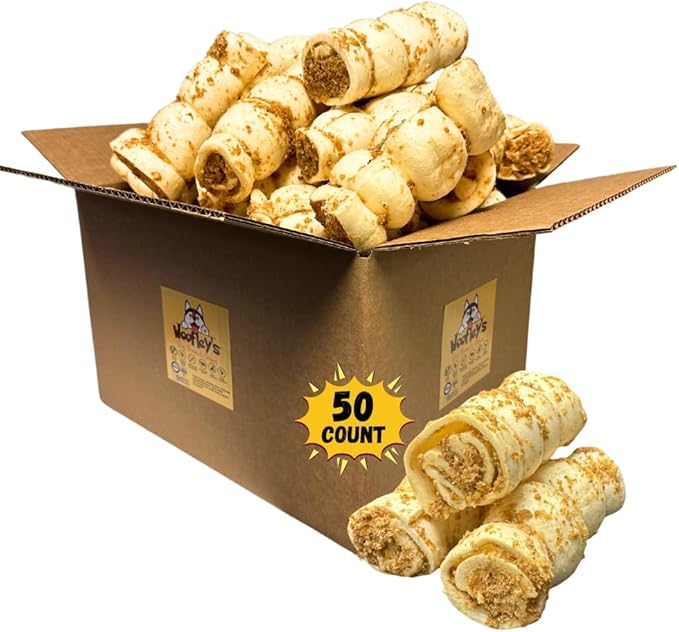 Woofley's 5-6" Bully Dusted Beef Cheek Roll - (50 Count)- Beef Cheek Rolls for Dogs - Long Lasting Natural Dog Chews