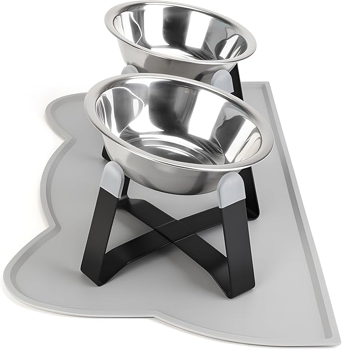 2 Pack Raised Cat Bowls Holder with Non-Slip Mat Stainless Steel Cat Feeder Elevated Pet Water Food Bowls for Cats Puppies Rabbits (Black)