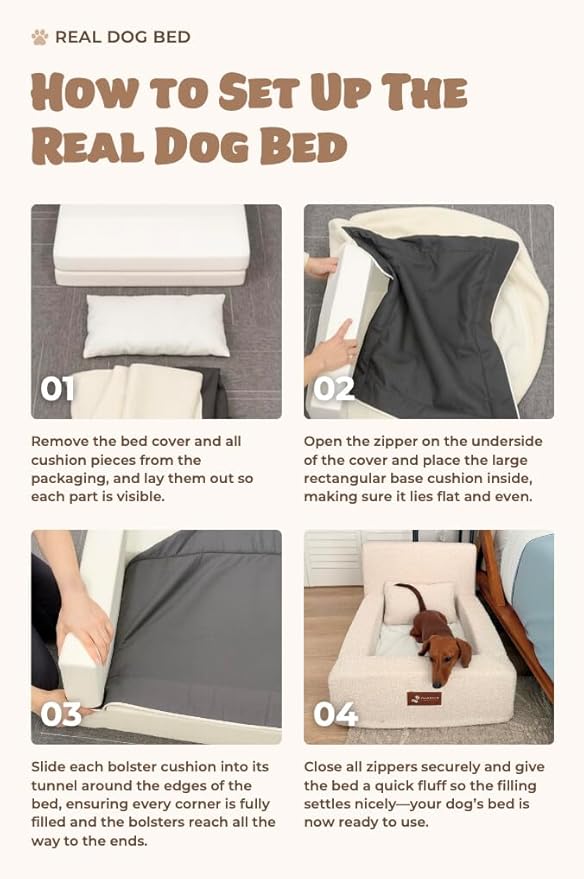 Pelsbarn Real Orthopedic Dog Bed, High-Density Memory Foam with Waterproof Fitted Sheets - Machine Washable, Large, Beige
