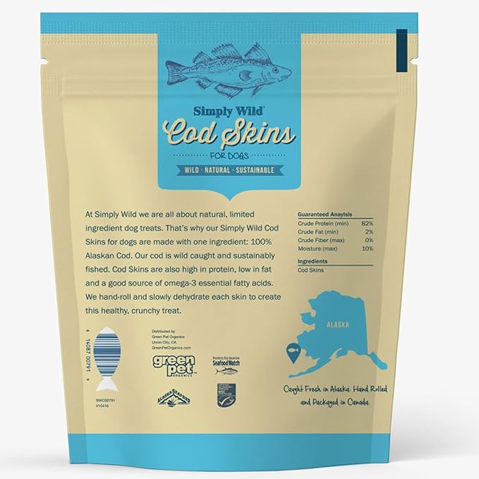 Cod Skins Alaskan Cod Fish Training Treats for Dogs-Dehydrated Fish, All Natural Human Grade Skins - Low Fat Treat Sustainably Sourced in USA (6.6 Oz)