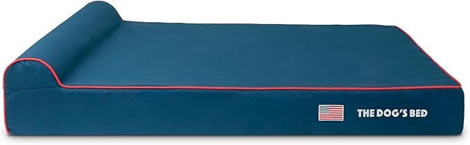 The Dog’s Bed Orthopedic Memory Foam Dog Bed with Headrest, Calming Surface – CertiPUR-Certified Foam, Oxford Fabric, Blue with Red Trim USA Flag, XXL, 6-Inch