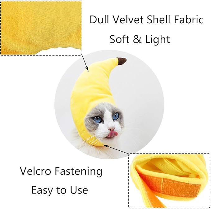 Vehomy Pet Halloween Banana Hat - Soft, Lightweight Plush Material, Adjustable Size for Cats & Small Dogs, Yellow