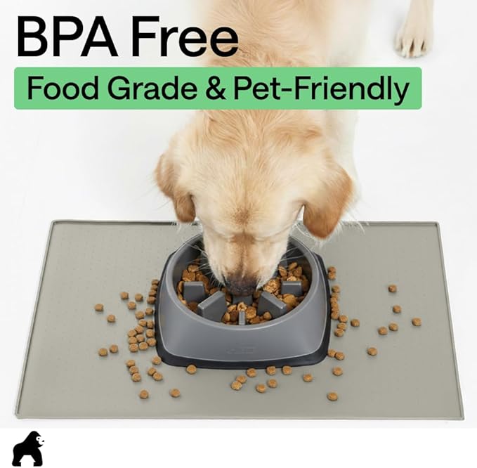 GORILLA GRIP 100% Waterproof Raised Edge BPA Free Silicone Pet Feeding Mat, Dog Cat Food Mats Contain Spills Protects Floors, Placemats for Cats, Dogs Water Bowl, Pets Accessories 28x18 Light Gray