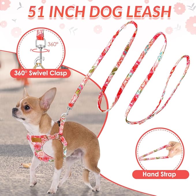 SlowTon Dog Harness Small Sized Dog - Soft XXS Dog Harness and Leash Set No Pull No Chock, Adjustable Lightweight Puppy Harness for XS Small Medium Dogs Cats (Pink Rose, M)