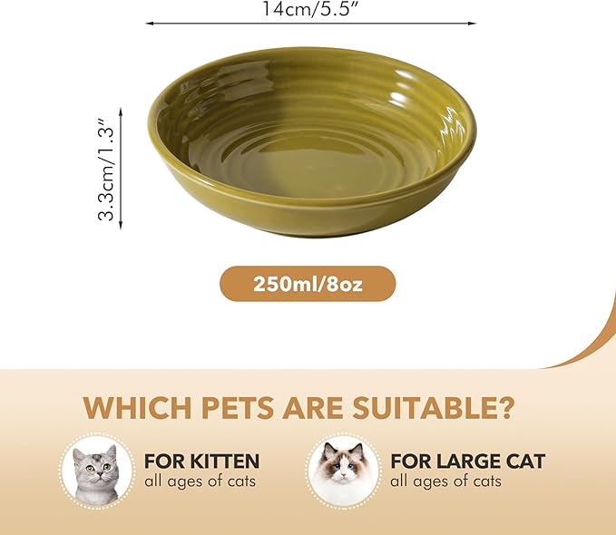 Havniva Ceramic Wide Whisker Friendly Cat Dishes, Set of 3 Ceramic Cat Bowls, Anti-Slip Indoor Kitten Feeding Food& Water Dish to Prevent Whisker Fatigue(3 Pcs, Matcha Green)