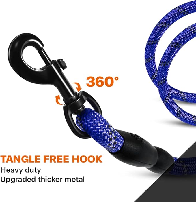 Taglory Rope Dog Leash 4 FT with Comfortable Padded Handle, Highly Reflective Threads Leash and Anti-Tangle Clip for Walking Medium Large Dogs, 1/2 inch, Navyblue
