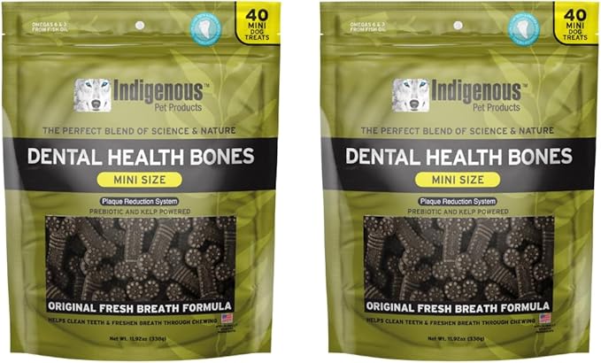Indigenous Pet Dental Health Bones Mini 2 Pack – Original Fresh Breath (11.92 Ounce x 2) | Grain-Free Dog Chews with Prebiotics & Omegas | Freshens Breath, Supports Digestive, Skin & Coat Health |