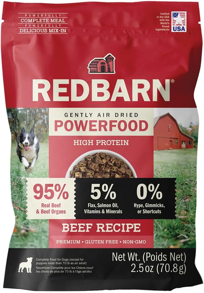 Redbarn Powerfood Air Dried Dog Food - 95% Beef & Beef Organs - High Protein Grain-Free Non-GMO Premium Dry Full Feed or Topper Made in USA with Omega 3 Salmon Oil Flaxseed - 2.5 Ounce