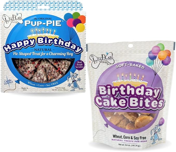 The Lazy Dog Cookie Co. - Original Pup-Pie - Happy Birthday Dog Treat for a Charming Boy, 5 oz with Bag of 5oz Birthday Cake Bite Mutt Mallows