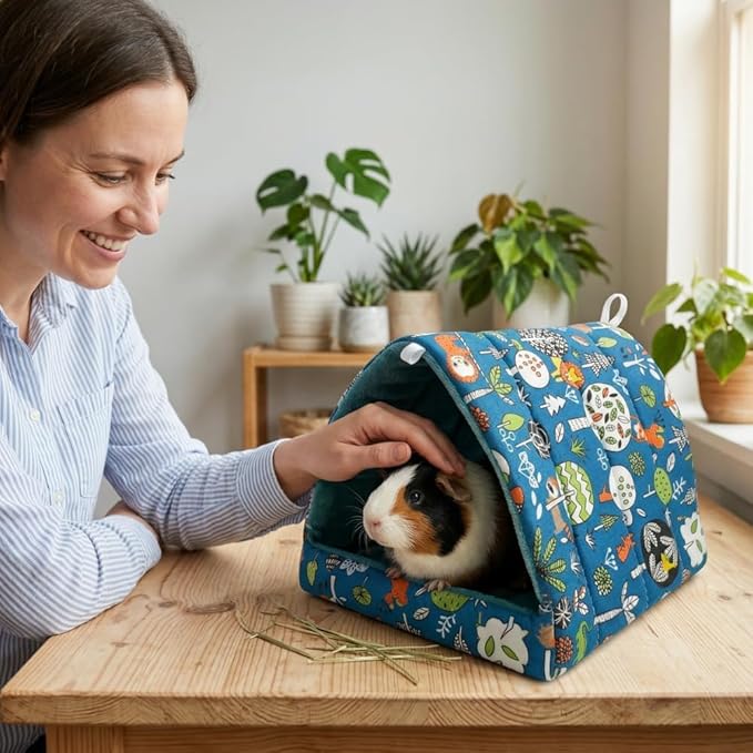 Guinea Pig Hideout 4 Pack, Washable Fleece Small Animal Bed & Tunnel, Cozy Guinea Pig House Cage Accessories for Bunny, Hedgehog, Chinchilla, Hamster, Ferret (Greenery,7.9 in)