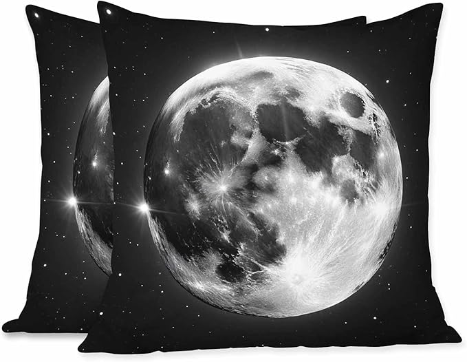 Decor Throw Pillow Case Full Moon Bright with Stars in Black Universe Set of 2 Cushion Covers 18X18 Inch for Women Men for Couch Bedroom Living