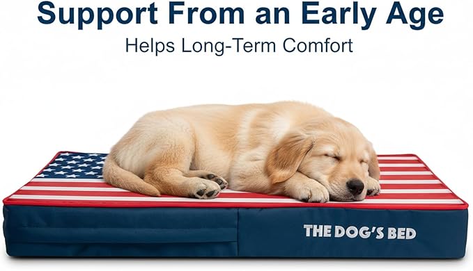 The Dog’s Bed Orthopedic Memory Foam Dog Bed for Medium Dogs, Waterproof Washable Cover, Anti-Slip Base, Calming Surface – CertiPUR-Certified Foam, Blue with Red Trim USA Center Flag, 4 Inch Thick