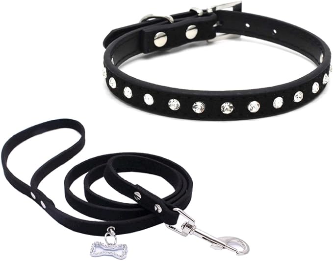 Dogs Kingdom 10 "-16.5" Total Length Suede Skin Jeweled Rhinestones Pet Dog Collar Leash Set Sparkly Crystal Diamonds Studded Leather Puppy Dog Cat Collar Leash Set Black XXS