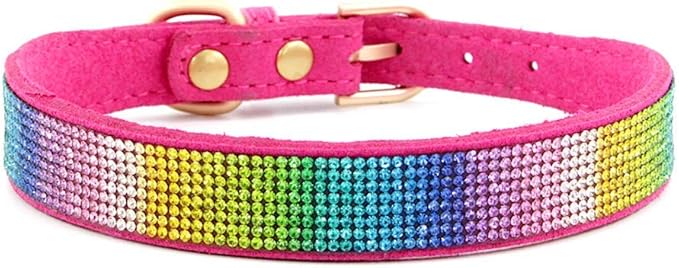 Cute Dazzling Sparkling Elegant Fancy Soft Suede Leather Bling Rhinestone Crystal Jeweled Pet Cat Dog Puppy Collar Dog Leash Combo Set (M, Hot Pink-3)