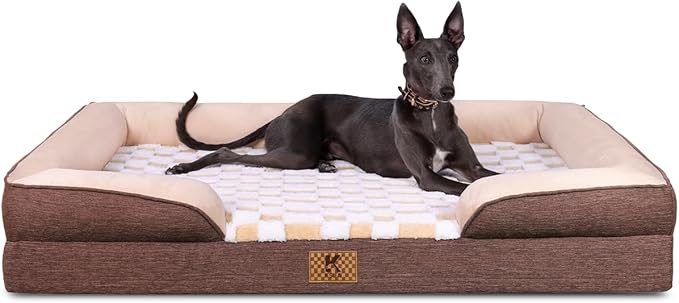 KSIIA Waterproof Dog Bed Orthopedic for XL Senior Dog Couch with Sides, Extra Thick Supportive Pet Bed Sofa with Soft Plush Cover and Non-Slip Bottom, 48 x 35 Inch, Brown