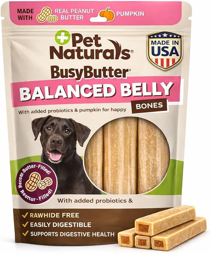 Pet Naturals BusyButter Balanced Belly Bones Medium/Large Dogs – 4 Count, Rawhide-Free Long Lasting Chews with Probiotics, Prebiotics & Pumpkin for Dog Digestive & Gut Health Support, Peanut Butter