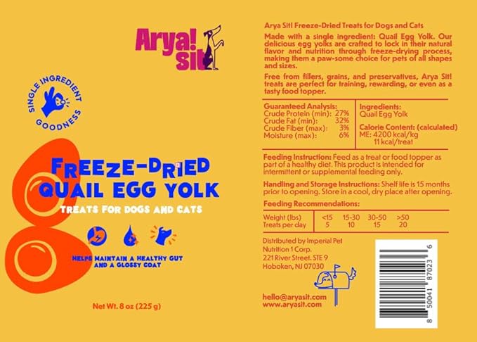 Freeze-Dried Single Ingredient Treat (Quail Egg Yolk) for Dogs and Cats - High Protein · Rich in Lecithin for Healthy Coat · No Artificial Ingredients · 4 oz/8 oz
