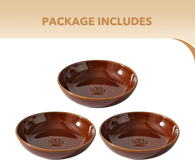 Havniva Ceramic Wide Whisker Friendly Cat Dishes, Set of 3 Ceramic Cat Bowls with Paw Print, Anti-Slip Indoor Kitten Feeding Food& Water Dish to Prevent Whisker Fatigue(3 Pcs, Caramel Brown)