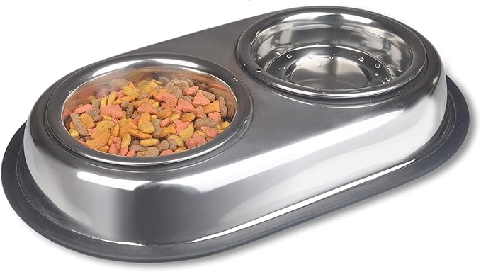 Van Ness Pets Stainless Steel Double Dish Food And Water Bowl For Cats/Small Dogs, 16 OZ, Wide No-Tip Base