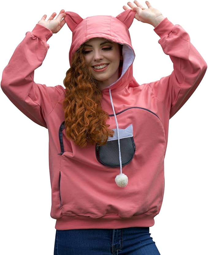 ALYC Unisex Hoodies Pet Holder Cat Dog Large Pouch Carriers Pullover with Cat Printing Sweatshirt (Light pink-M)