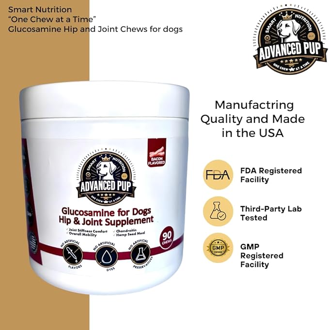 AdvancedPUP Dog Hip and Joint Supplement Chews – Glucosamine, Chondroitin, MSM & Turmeric – Mobility & Joint Support for Dogs – Bacon Flavor Soft Chews – 90 Count – Made in USA