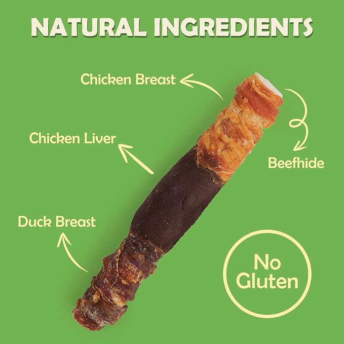 MON2SUN Dog Treats Triple Flavor 9 Inch Chicken Liver Duck and Chicken Wrapped Rawhide Rolls, Teeth Cleaning and Long Lasting Chews for Medium and Large Dogs, 11.1 oz(2 Count)