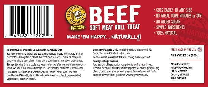 Happy Howie's Soft Meat Roll Treat - Soft Dog Food Rolls, Natural Ingredients, for All Dogs, Made in USA - Beef, Lamb, Turkey, 7 Oz (Pack of 6)