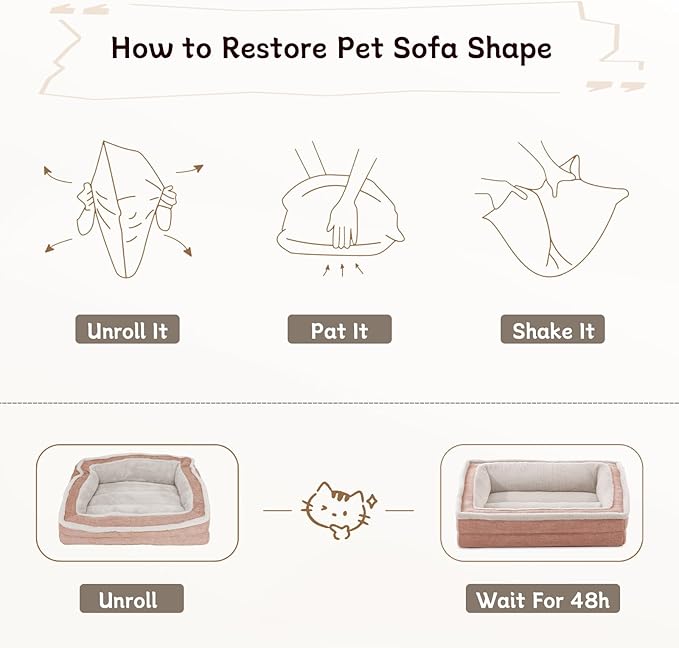 Cat Couch for Pets, Washable Cat Beds for Indoor Cats, Super Soft Plush Supportive Dog Couch Bed for Puppy and Kitten with Anti-Slip Bottom, 24inch, Pink