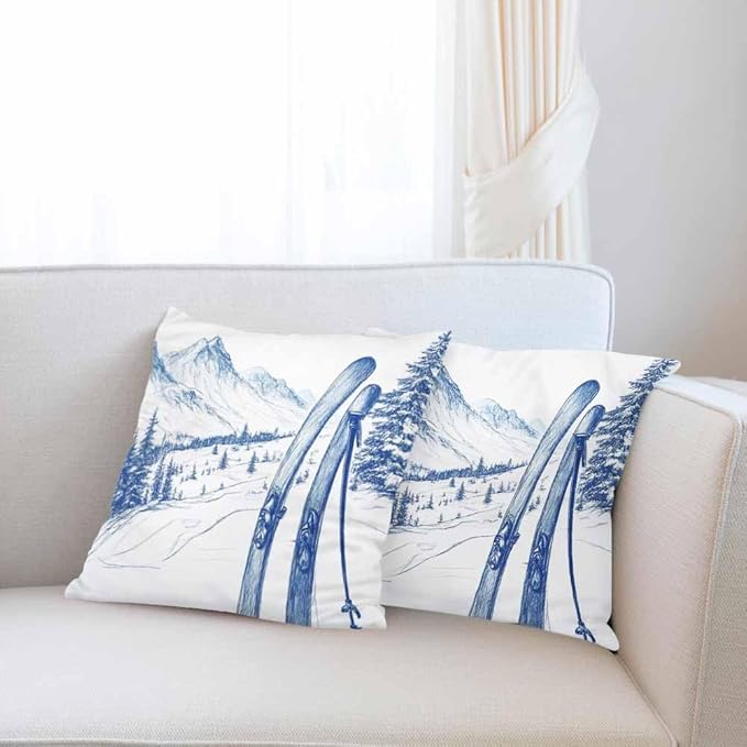 Pillow Case Ski Mountains Exciting Outdoors Sport with Skateboard in Winter Season Soft Decorative Set of 2,Square Home Decor Pillow Covers for Sofa Bedroom Car Couch 18X18 Inch