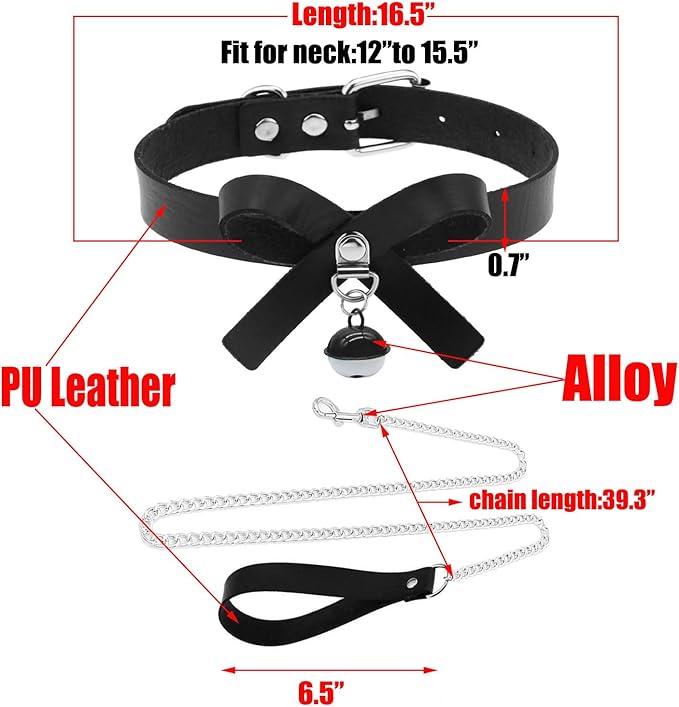 Black&White Bell Choker Collar and Leash Chain Set for Pet Dog Cute Cosplay Accessories,Butterfly Bow Leather Necklace with Buckle