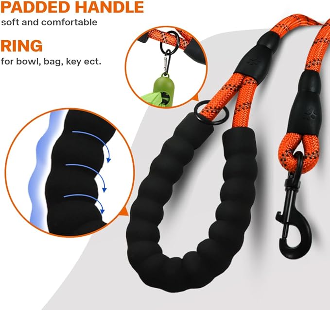 Taglory Rope Dog Leash 6 FT with Comfortable Padded Handle, Highly Reflective Threads Leash and Anti-Tangle Clip for Walking Small Dogs, 3/8 inch, Orange