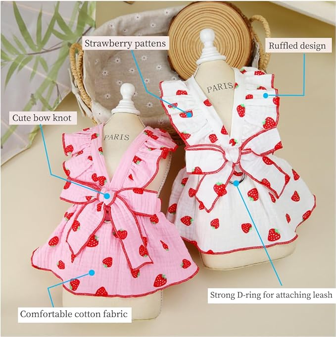 2 Pack Strawberry Dog Dresses with D-Ring Summer Puppy Clothes for Small Dog Girl Spring Cat Outfit Cotton Sleeveless Pet Dress for Kitten Chihuahua Pomeranian Yorkie (Pink,White, X-Large)