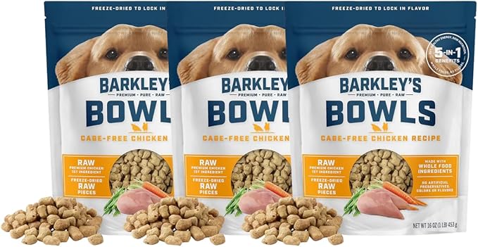 Barkley’s Bowls, Freeze-Dried Raw Chicken Dog Food, Fresh Whole Food Ingredients with Cage-Free Chicken, Grain Free, High Protein for Balanced Nutrition, Dog Treats or Topper, 16 Oz Bag (3 Pack)