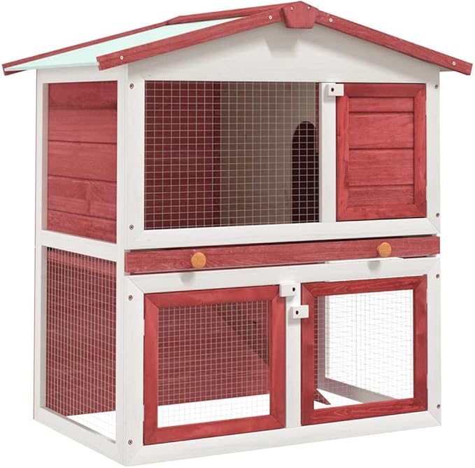 Red and White Solid Pine Outdoor Rabbit Hutch Bunny Cage House Enclosure 37 x 37 x 38.6 Inch Weather-Resistant Design with Pull-Out Tray for Garden Pet Safety